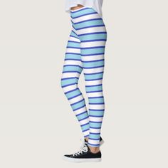 Pastel Blue White and Dark Blue Stripes Leggings - patterns pattern special unique design gift idea diy Rainbow Leggings, Brown Leggings, Purple Leggings, Green Leggings, Leggings Pattern, Blue Gifts, Blue Leggings, Striped Leggings, White Gifts