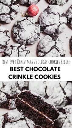 Best Christmas chocolate crinkle cookies with fudgy centre perfect for Christmas holidays cookie platter Chocolate Crinkle Cookies Recipe, Crinkle Cookies Recipe, Chocolate Crinkle, Chocolate Crinkle Cookies, Cooking Cookies, Chocolate Crinkles, Soft Bakes, Oreo Dessert, Crinkle Cookies