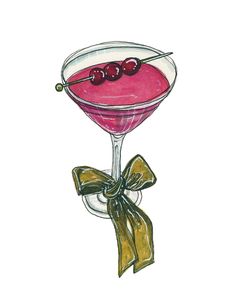 a drawing of a martini glass with cherries in it and a bow on the side