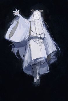 a drawing of a woman dressed in white and holding her hands out to the side