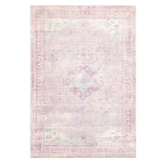 a pink rug with an ornate design on the top and bottom, in pastel tones