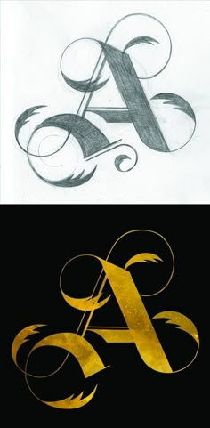 three different types of logos with gold and black letters on them, one in the shape of a letter