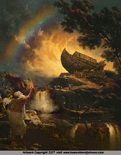 a painting of a man standing in front of a boat with a rainbow above it