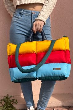 Red Quilted Travel Bag, Red Quilted Shoulder Bag For Travel, Red Quilted Travel Shoulder Bag, Blue Quilted Nylon Bags, Rectangular Puffer Bag For Everyday Use, Trendy Blue Quilted Bag, Everyday Multicolor Nylon Shoulder Bag, Trendy Multicolor Nylon Shoulder Bag, Multicolor Quilted Travel Bag