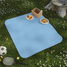 a blue and white checkered picnic blanket with food on it