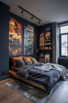 a bed room with a neatly made bed and two skateboard pictures on the wall