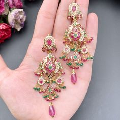 Featuring a traditional bridal jadau choker set in 22ct gold embellished with finest quality of rubies, emeralds and pearls. The choker necklace weighs 80.22 GMs including 30.82 GMs in hanging and stringing beads, The earrings weigh 23.60 GMs including 4.40 GMs in hanging beads. Price Breakup Summary Component Rupees % of Total 22k Gold 324,473 72.2% Stones & Beads 53,231 11.9% Making Charges 58,405 13.0% Taxes (GST) 13,083 3.0% Total 449,191 100.0% View Detailed Price Breakup Watch Video Here Jadau Choker Set, Mughal Jewellery, Choker Set Gold, Set Gold Jewelry, Jadau Choker, Gold Choker Set, Jadau Jwellery, 22k Gold Jewelry Necklaces, Mughal Jewelry