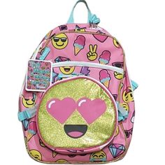 Trailmaker Backpack / Book Bag With Emoji Print And Matching Lunch Bag. The Lunch Bags Has Buckles To Hold It On The Backpack But Is Easily Removed For Lunchtime. The Lunch Bag Is Also Insulated. The Backpack Has A Large Main Body And 1 Smaller Pocket. The Backpack Measures 17 Inches X 12. The Lunch Bag Is 9 Inches X 10 Inches. Bundle And Save On Shipping. 20 Fun Backpack For End Of School Year, Pink Backpack For End Of School Year Events, Trendy Multicolor Bags For School Events, Trendy Bags For End Of School Year Events, Fun Rectangular Backpack For End Of School Year, Trendy Multicolor School Bags, Pink Backpack For Back To School, Pink Backpack For School Events, Playful Pink Backpack For Everyday Use