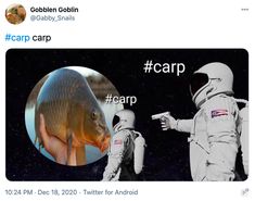 an image of two people in space suits and one is pointing at a carp fish