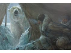 a painting of two men and a polar bear