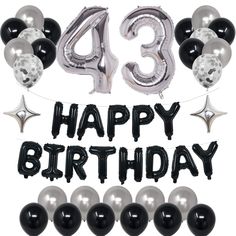 black and silver balloons with the words happy birthday