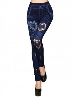 Hole Heart Printing Faux Denim Pants - PEACOCK BLUE - ONE SIZE Black Woman Outfits, Dark Denim Pants, Back Tattoo Designs, Lower Back Tattoo Designs, Lower Back Tattoo, Girly Office, Printed Pants Style, Denim Pants Fashion, Summer Club