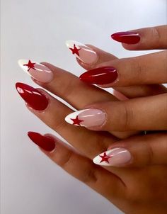 Nails Idea Almond Shape, Nails Acrylic French Almond, Almond Nails Gel X Designs, Red Hoco Nails Almond, French Tip With Red Design, Almond Hoco Nails, Red Almond Acrylic Nails Designs, French Tip Almond Design, Cute Birthday Nails Almond