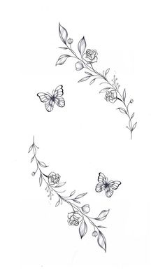 the letter c with butterflies and flowers on it is drawn by hand in black ink