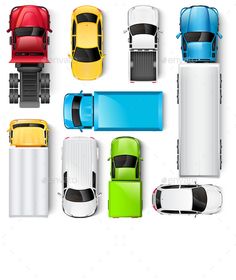 an overhead view of different colored cars and trucks stock photo