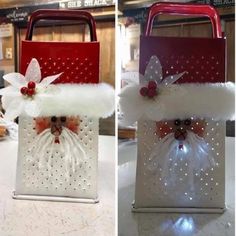 two bags decorated with santa's head and bows