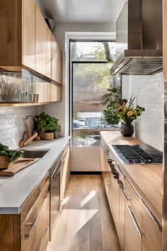 Modern kitchen with light wooden cabinets, white countertops, stainless steel appliances, and a large window letting in natural light. Small Galley Kitchen Ideas Narrow, Modern Galley Kitchen Ideas, Galley Kitchen Ideas Narrow, Modern Galley Kitchen, Open Galley Kitchen