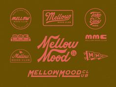 the mellow mood logo is shown in pink and orange colors on a brown background