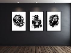 Black And White Boys Room, Football Room Decor, Sports Room Boys, Football Prints, Football Rooms, Sport Decor, Football Wall Art, Football Illustration, Football Decorations