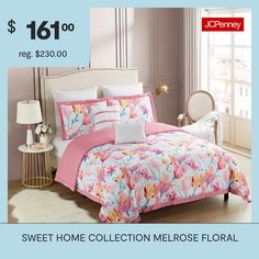 a bed with pink and white comforters in front of a blue background that says sweet home collection melrose floral