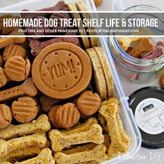 a plastic container filled with dog treats next to other food items