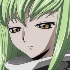 an anime character with green hair and yellow eyes looks at the camera while staring into the distance