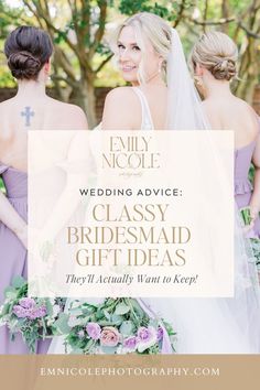 three bridesmaid in purple dresses with text overlay that says, wedding advice