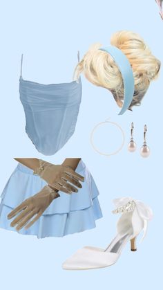 a woman's clothes and accessories are arranged on a light blue background, including shoes, gloves, bracelets, necklaces and earrings