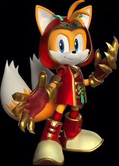 a cartoon character in red and gold with an orange cat on his chest, standing next to a white bird