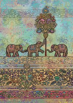 three elephants are walking in the middle of an intricately decorated area with a tree