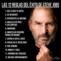 a man with glasses and beard in front of a black background that says las 12 regas del exito de steve jobs