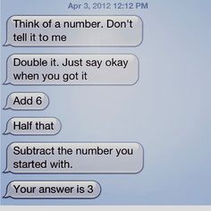 some text messages are written in different languages on a screen with the caption that reads, think of a number don't tell it to me double it just say okay when you got it