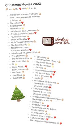 the christmas movies list is shown in red and green, with hearts on it's side