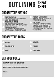 the ultimate guide to getting outlining sheet is shown in black and white, with instructions for