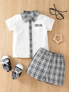 Black and White Preppy  Short Sleeve Rayon Plaid  Embellished Non-Stretch Summer Baby Clothing Boys Dresses, Preppy Shorts, Knit Baby Dress, Baby Boy Shirts, Boys Summer, Baby Words, Boys Summer Outfits, Boys Shirt