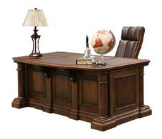 an executive desk with two chairs and a globe on top