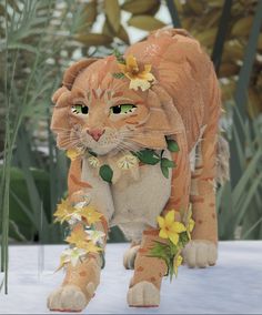 an animated cat with flowers on its head and paws, walking in the snow next to tall grass