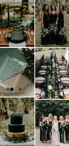 a collage of photos with green and black wedding colors