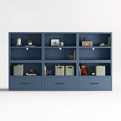 a blue bookcase filled with lots of books