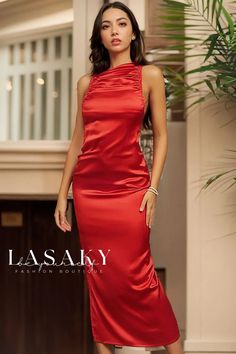 Lasaky - Satin Ruched High Slit Backless Midi Evening Dress Midi Formal Dress, Midi Evening Dress, Red Dress Sleeves, Satin Cami Dress, Colorful Dresses Formal, Confident Women, Little Red Dress, Red Evening Dress, Confident Woman