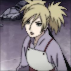 an animated image of a person with blonde hair and blue eyes, holding a stick