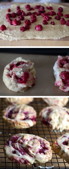 three different views of raspberry shortbreads on a cooling rack and in the process of being baked