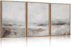 three abstract paintings with white and grey colors