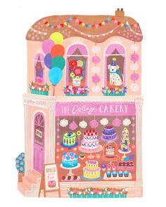 an illustration of a cake shop with balloons