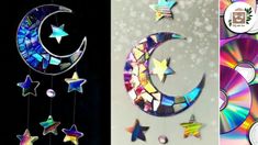 two pictures with different designs on them and one is made out of cd cds, the other has stars