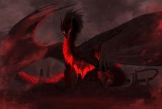 a red dragon sitting on top of a hill