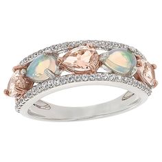 Colleen Lopez Opal, Exotic Gemstone and White Zircon Band Ring  Ethereal opal, eye-catching exotic gemstones and sparkling white zircon mingle on this pretty ring crafted in rhodium-plated silver.       Approx. 15/16"L x 1/8"H; shank 1/16"W     Stamped .925 sterling silver; rhodium plating   Stone Information       All sizes and weights approximate     White Rainbow Opal - Pear (6x4mm)     Pink Tourmaline - Pear (6x4mm)     Light Peach Morganite - Pear (6x4mm)     Violet Tanzanite - Pear (6x4mm) White Cubic Zirconia Jewelry With Gemstone Accents, Opal Ring With Diamond Accents Jewelry, Silver Opal Ring With Diamond And Gemstone Accents, Peach Morganite, Pretty Ring, Rainbow Opal, White Rainbow, Ring Crafts, Light Peach