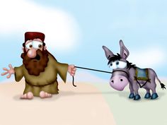 a donkey pulling a man on a leash with another donkey in the foreground and an image of a horse behind it