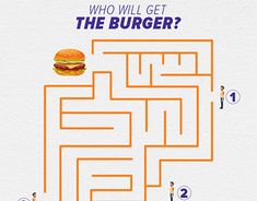 a hamburger maze with people standing around it and the text who will get the burger?