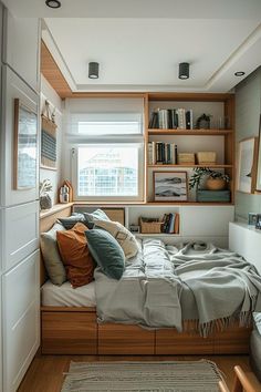 a small bedroom with a bed, bookshelf and shelves on the wall above it